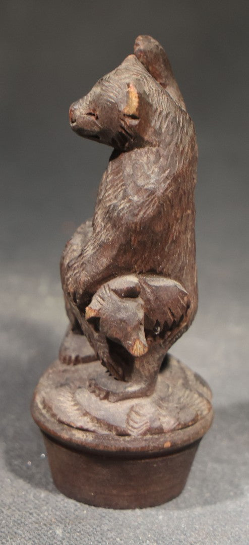 Vintage Carved Wood Bear Figurine, Mother Bear Spanking Cub, Bottle Stopper or Topper