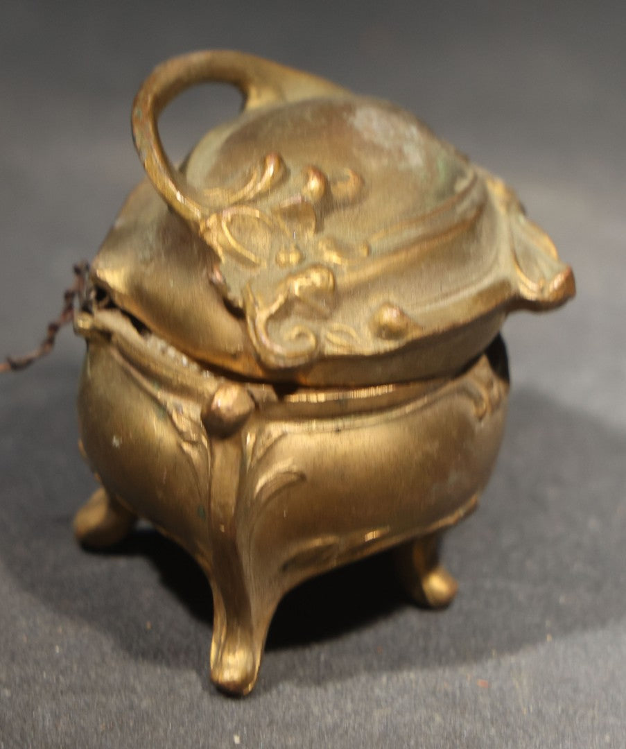 Antique Art Nouveau Gold-Tone Footed Jewelry Casket with Floral Scroll Motif and Silk Lining, Manufactured by B. & W., No. 126