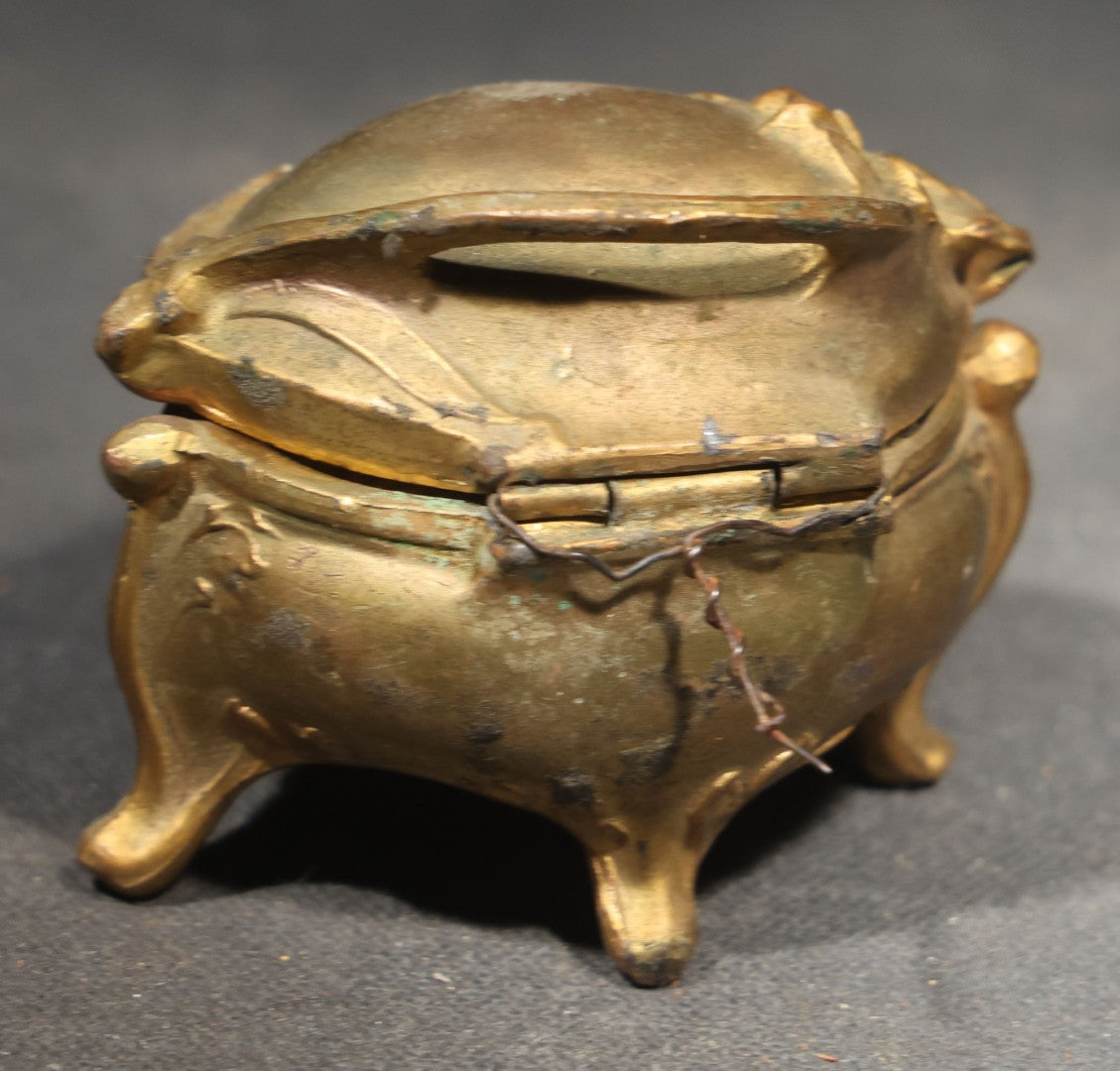Antique Art Nouveau Gold-Tone Footed Jewelry Casket with Floral Scroll Motif and Silk Lining, Manufactured by B. & W., No. 126