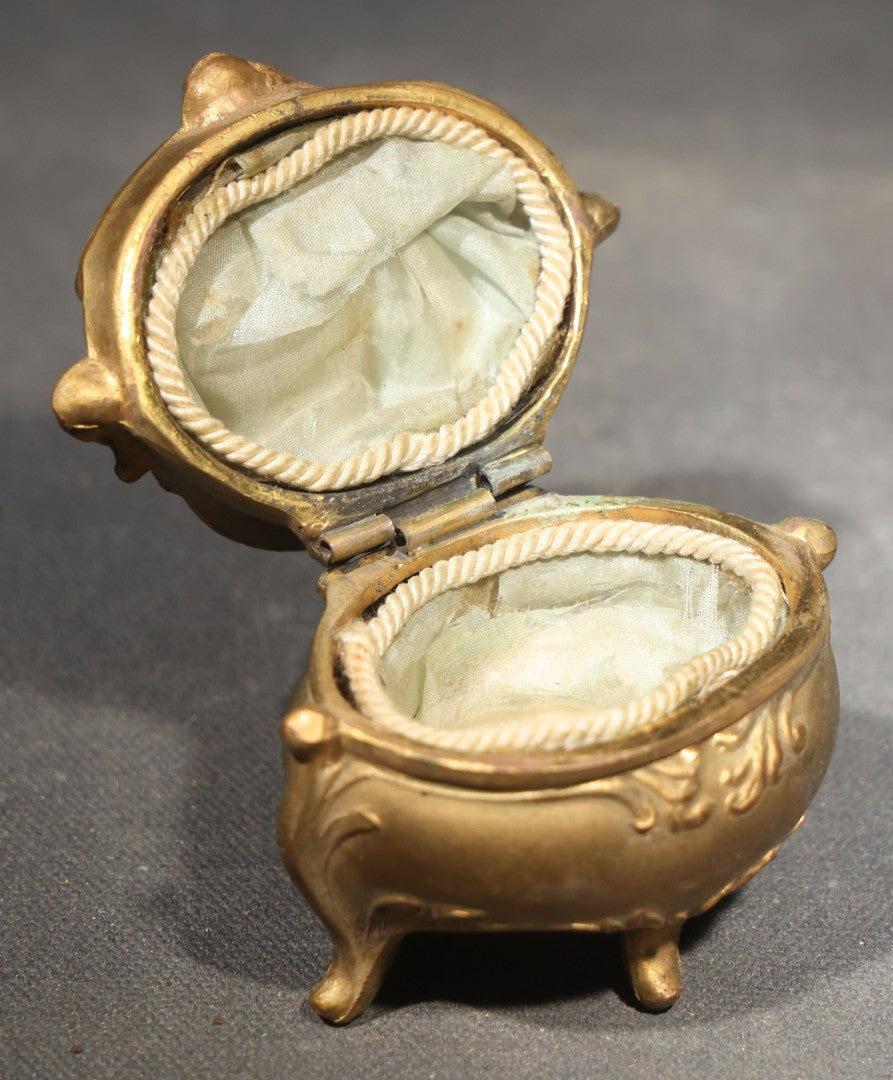 Antique Art Nouveau Gold-Tone Footed Jewelry Casket with Floral Scroll Motif and Silk Lining, Manufactured by B. & W., No. 126