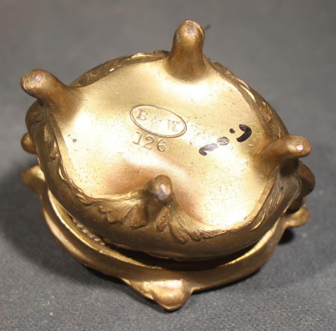 Antique Art Nouveau Gold-Tone Footed Jewelry Casket with Floral Scroll Motif and Silk Lining, Manufactured by B. & W., No. 126