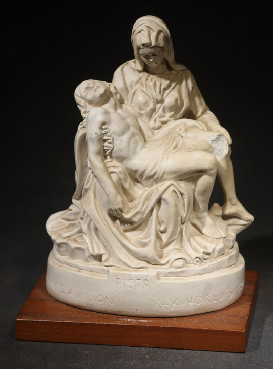 Vintage Michelangelo "Pieta" Souvenir Figurine from the 1964-65 New York World's Fair Vatican Pavilion on Wood Base, Chipped