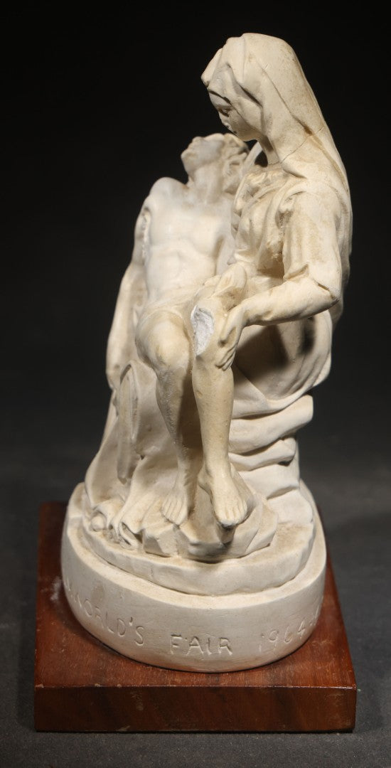 Vintage Michelangelo "Pieta" Souvenir Figurine from the 1964-65 New York World's Fair Vatican Pavilion on Wood Base, Chipped