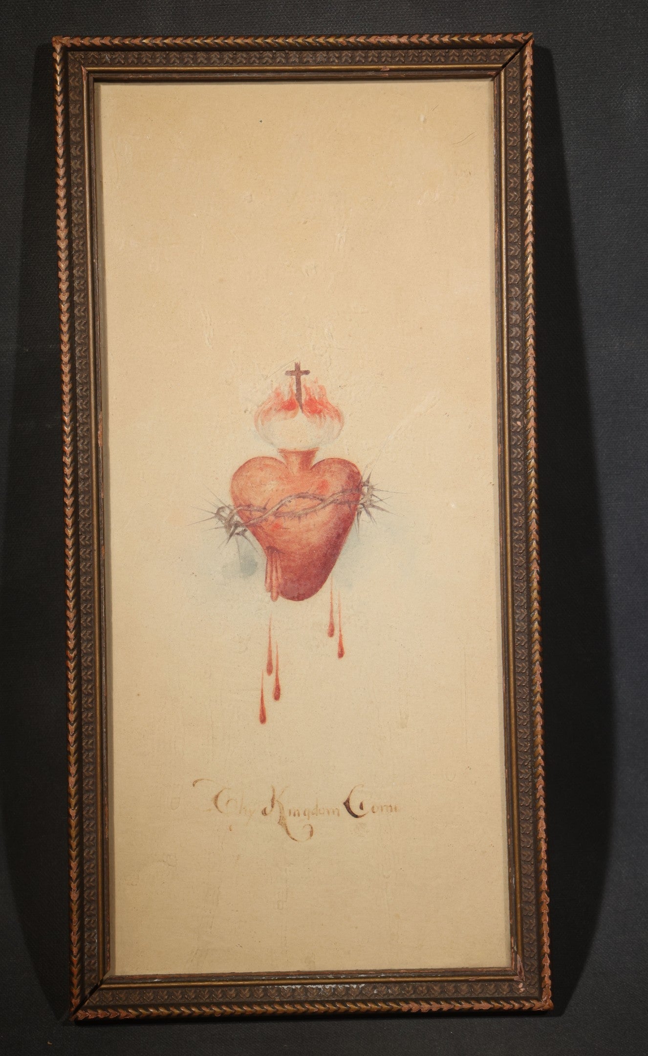 Antique Framed Watercolor Painting on Paper, Sacred Heart with Crown of Thorns, Cross, and Flames, Inscribed "Thy Kingdom Come"