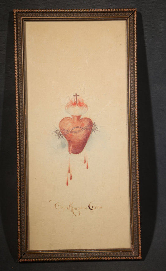 Antique Framed Watercolor Painting on Paper, Sacred Heart with Crown of Thorns, Cross, and Flames, Inscribed "Thy Kingdom Come"