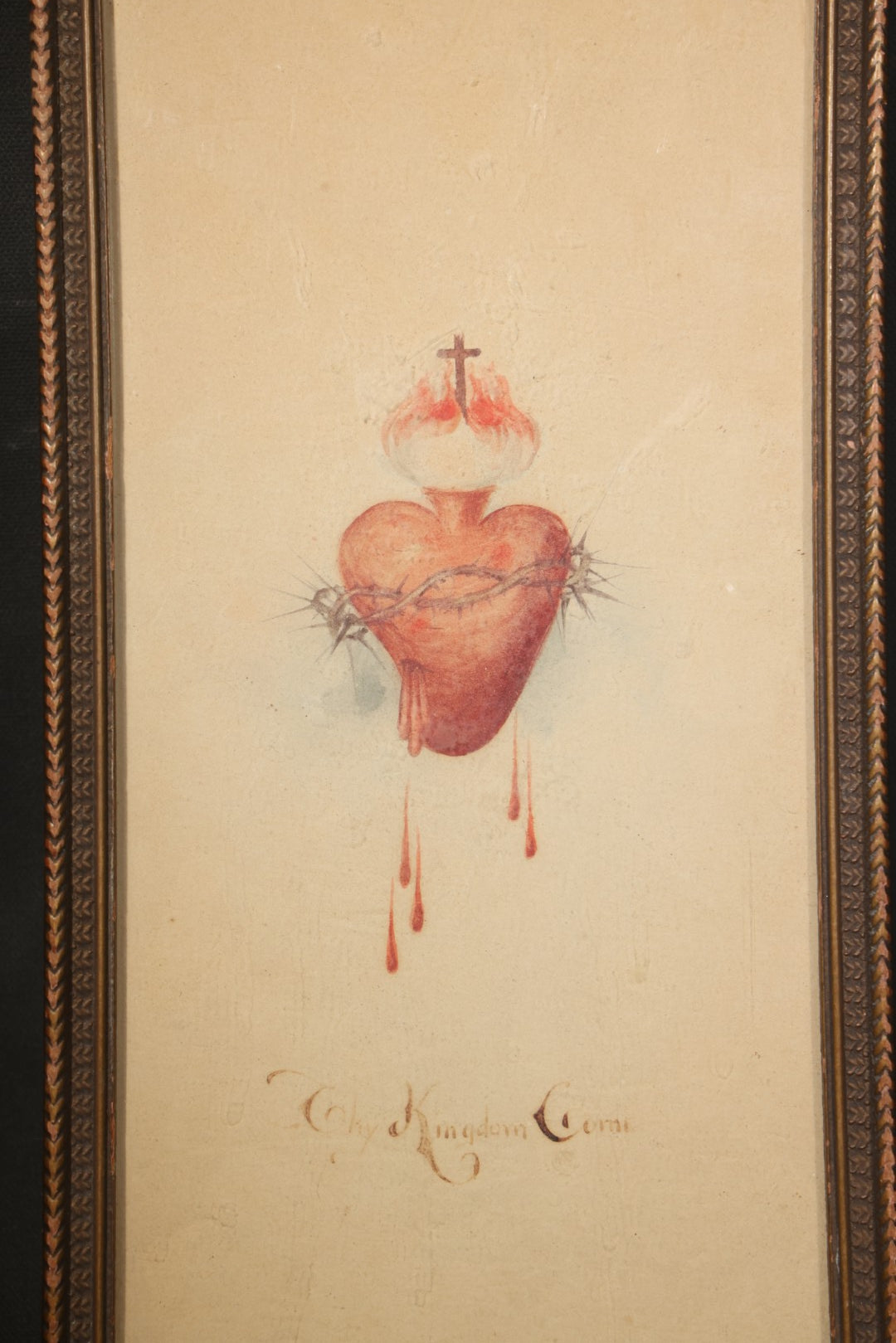 Antique Framed Watercolor Painting on Paper, Sacred Heart with Crown of Thorns, Cross, and Flames, Inscribed "Thy Kingdom Come"