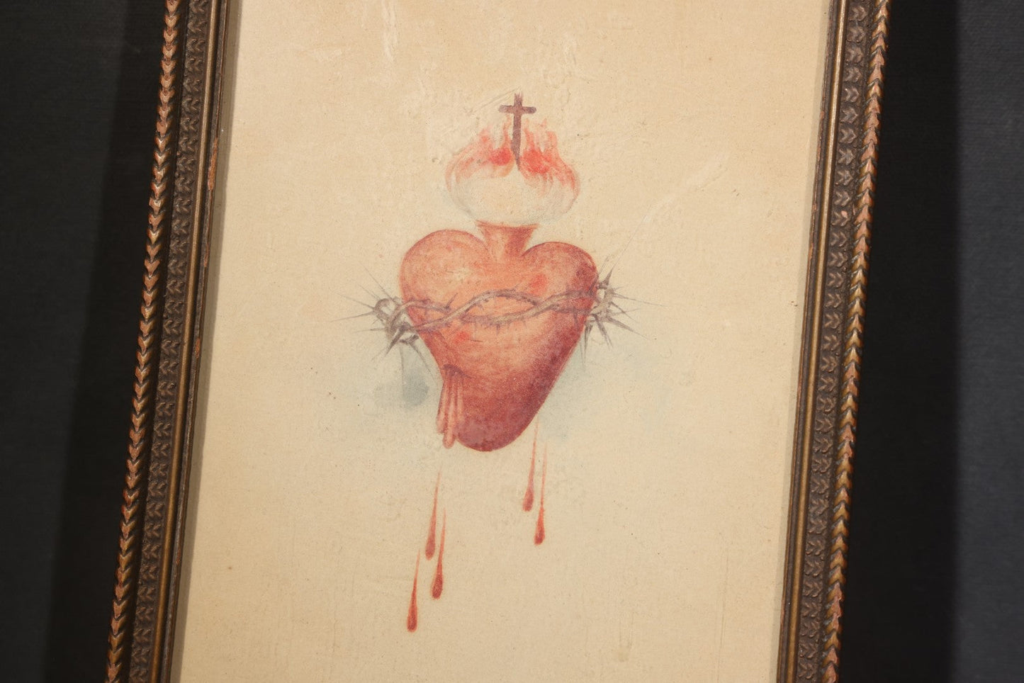 Antique Framed Watercolor Painting on Paper, Sacred Heart with Crown of Thorns, Cross, and Flames, Inscribed "Thy Kingdom Come"