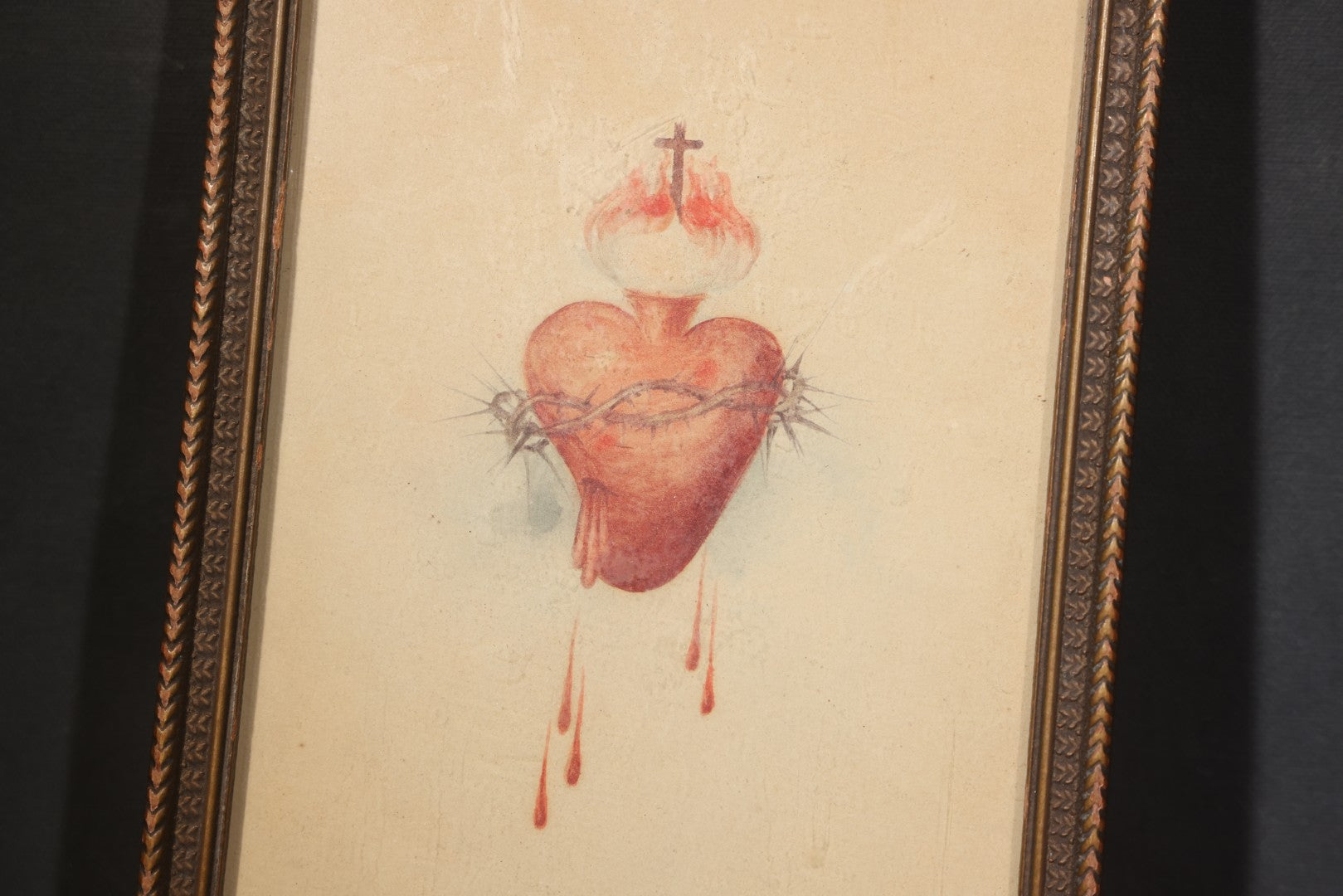 Antique Framed Watercolor Painting on Paper, Sacred Heart with Crown of Thorns, Cross, and Flames, Inscribed "Thy Kingdom Come"