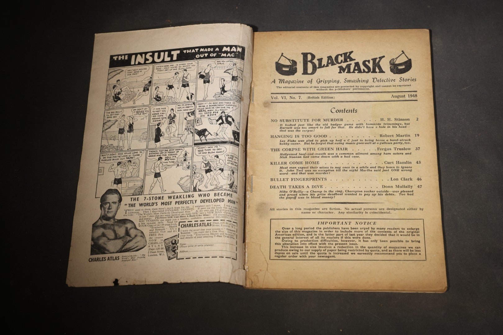 Vintage "Black Mask" Pulp Detective Magazine, Vol. VI, No. 7, British Edition, August 1948, Published by Atlas Publishing and Distributing Co. Ltd., London