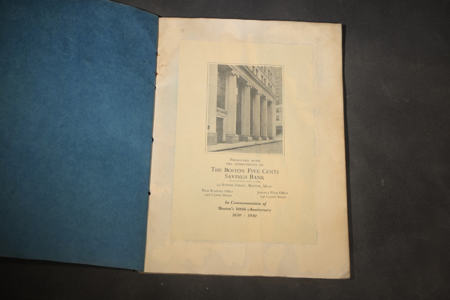 "The Tercentenary Art Book of Boston" Vintage Illustrated Boston 300th Anniversary Commemorative Booklet, 1630-1930, Published by The Bankette Company Inc., Boston, Massachusetts, Presented by The Boston Five Cents Savings Bank