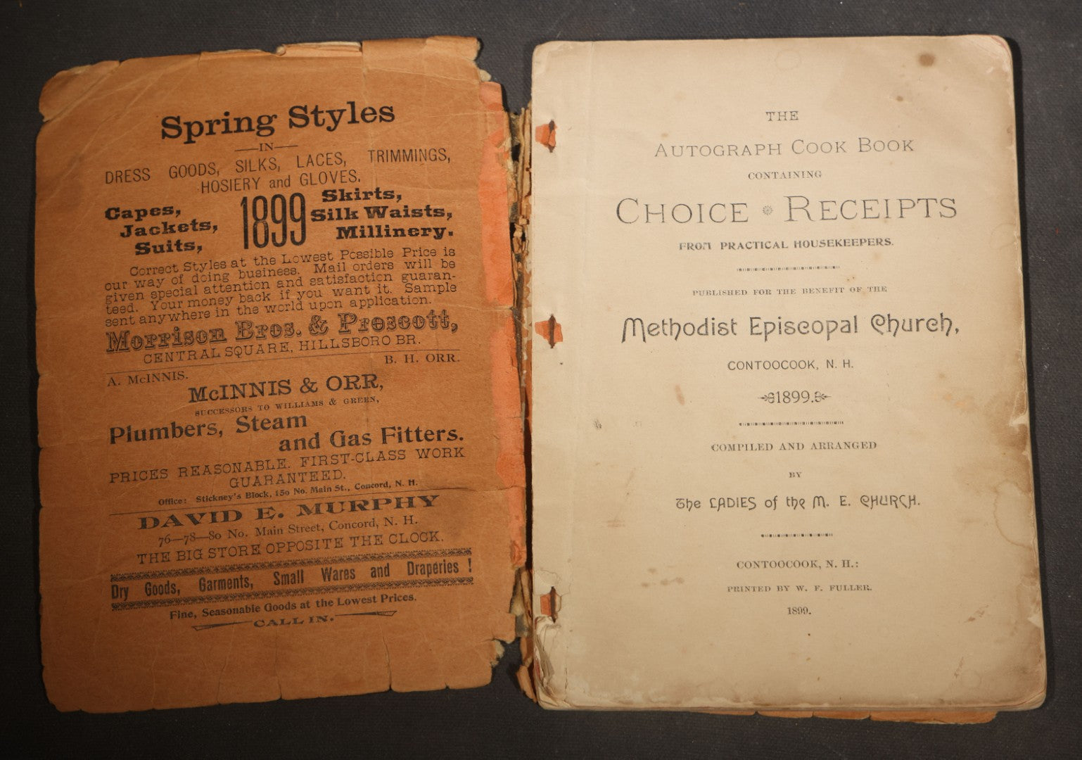 "The Autograph Cook Book" Antique Community Cookbook Booklet, Compiled by The Ladies of the M.E. Church, Printed by W.F. Fuller, Contoocook, New Hampshire, 1899, Poor Condition