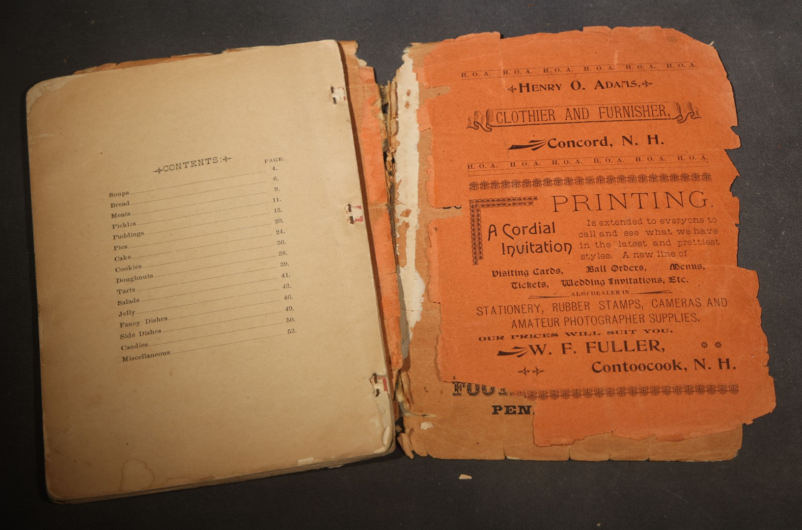 "The Autograph Cook Book" Antique Community Cookbook Booklet, Compiled by The Ladies of the M.E. Church, Printed by W.F. Fuller, Contoocook, New Hampshire, 1899, Poor Condition