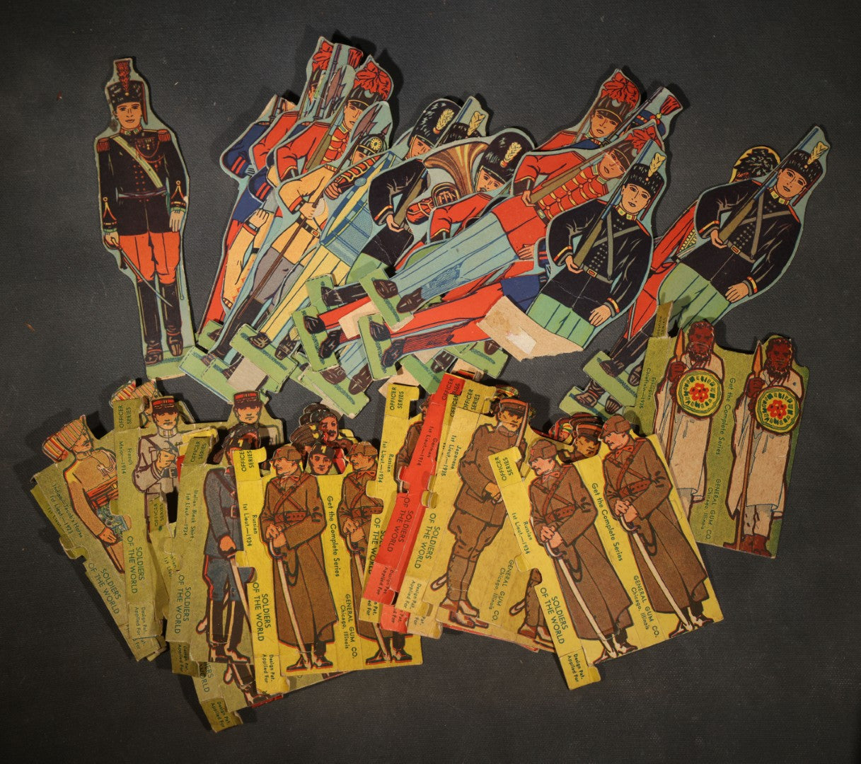 Vintage "Soldiers of the World" Die-Cut Cardboard Stand-Up Military Figures, 20+ Pieces including Officer Series, Manufactured by General Gum Co., Chicago, Illinois, Circa 1930s
