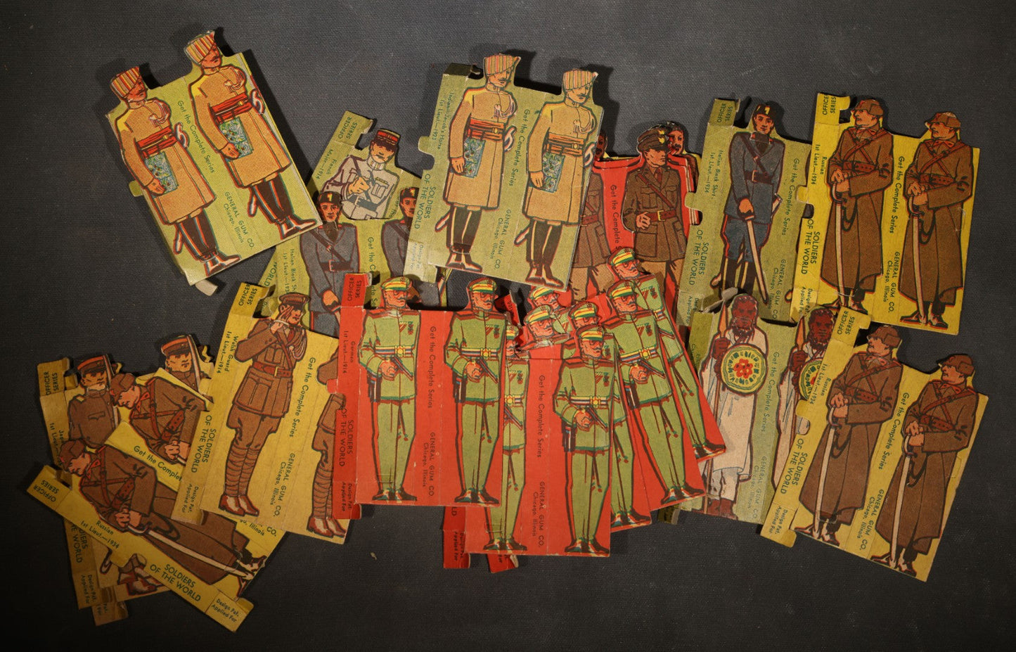 Vintage "Soldiers of the World" Die-Cut Cardboard Stand-Up Military Figures, 20+ Pieces including Officer Series, Manufactured by General Gum Co., Chicago, Illinois, Circa 1930s