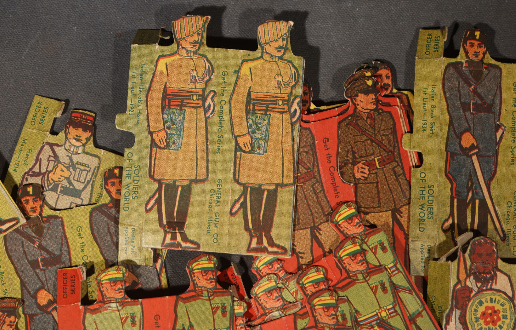 Vintage "Soldiers of the World" Die-Cut Cardboard Stand-Up Military Figures, 20+ Pieces including Officer Series, Manufactured by General Gum Co., Chicago, Illinois, Circa 1930s
