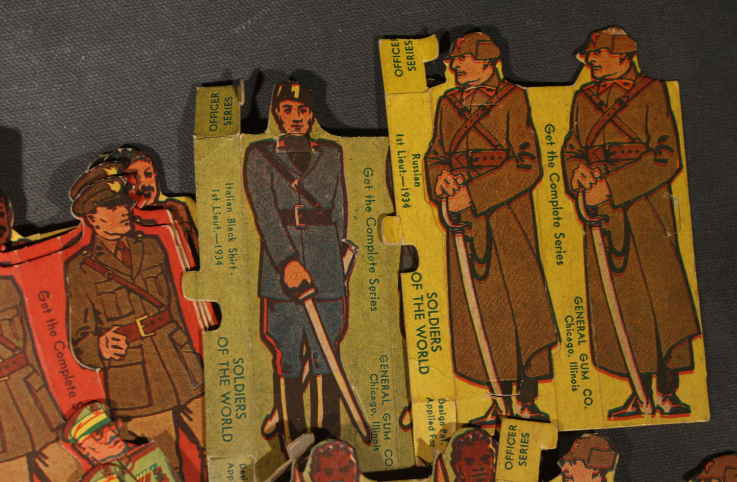 Vintage "Soldiers of the World" Die-Cut Cardboard Stand-Up Military Figures, 20+ Pieces including Officer Series, Manufactured by General Gum Co., Chicago, Illinois, Circa 1930s