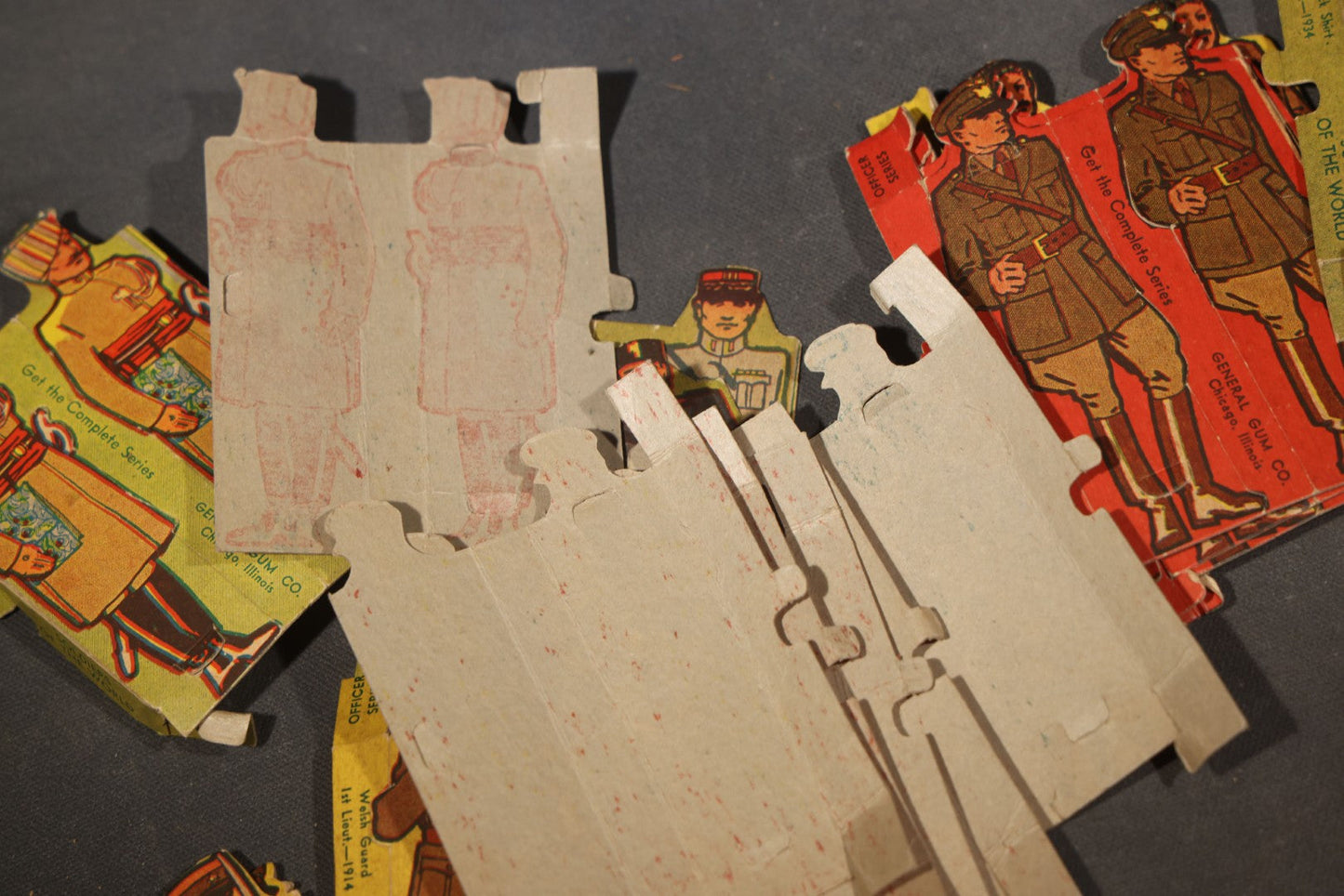 Vintage "Soldiers of the World" Die-Cut Cardboard Stand-Up Military Figures, 20+ Pieces including Officer Series, Manufactured by General Gum Co., Chicago, Illinois, Circa 1930s