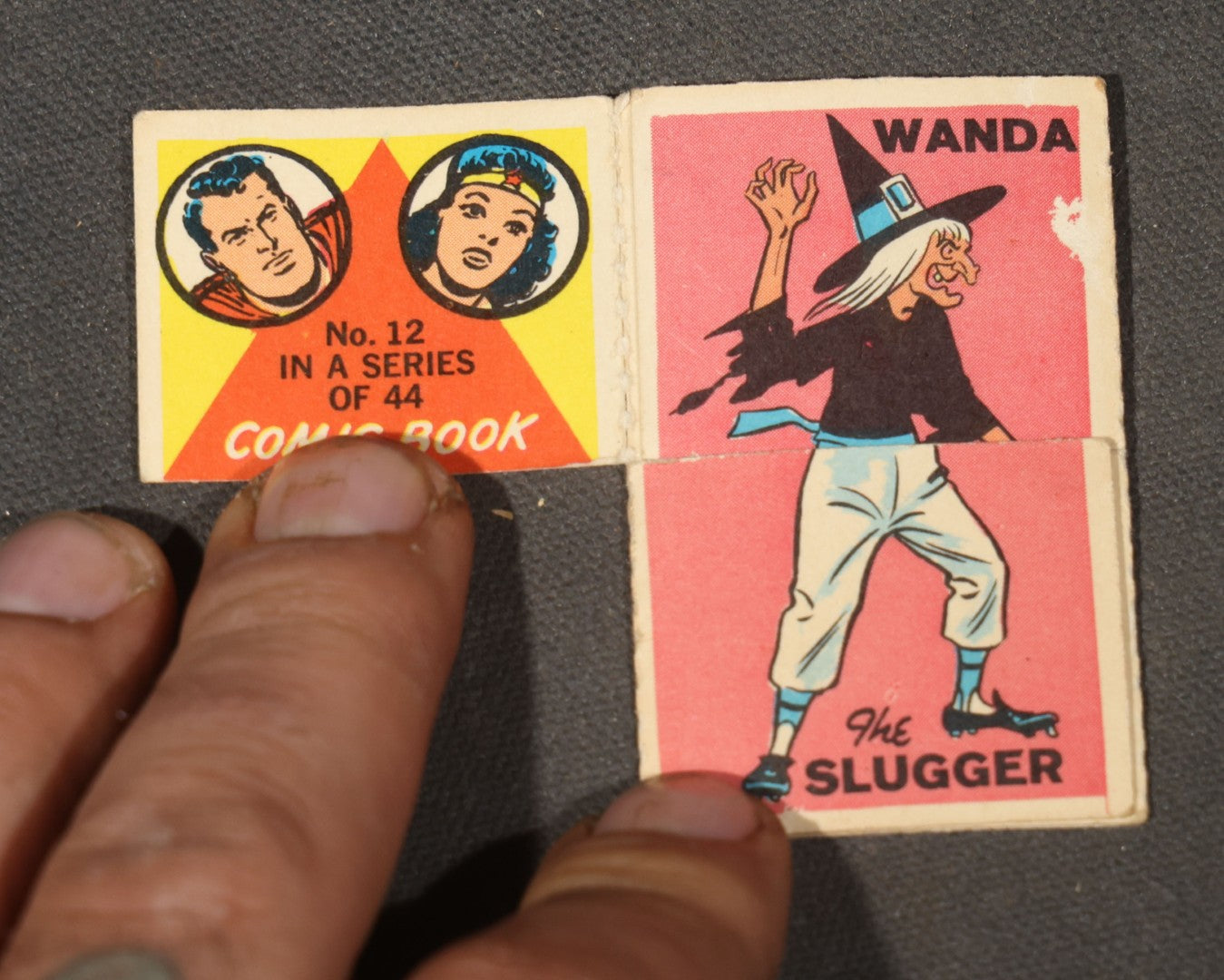Vintage 1966 Topps Comic Book Foldees Card No. 12, Wonder Woman "The Amazon," Wanda "The Witch," and Babe Ruth "The Slugger," with D.C. Comics Character Portraits, National Periodical Publications Inc.