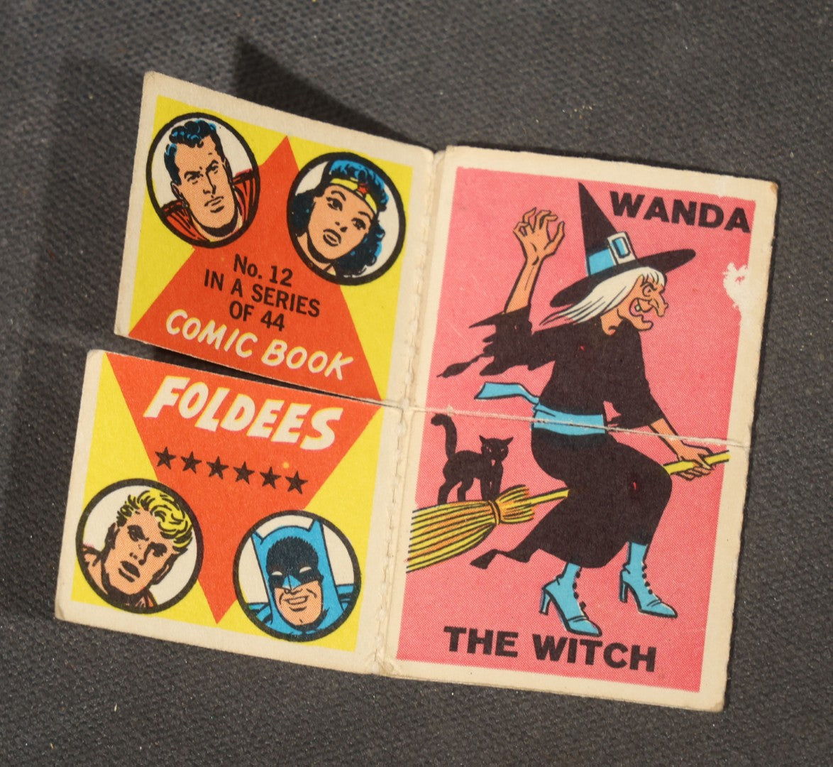 Vintage 1966 Topps Comic Book Foldees Card No. 12, Wonder Woman "The Amazon," Wanda "The Witch," and Babe Ruth "The Slugger," with D.C. Comics Character Portraits, National Periodical Publications Inc.