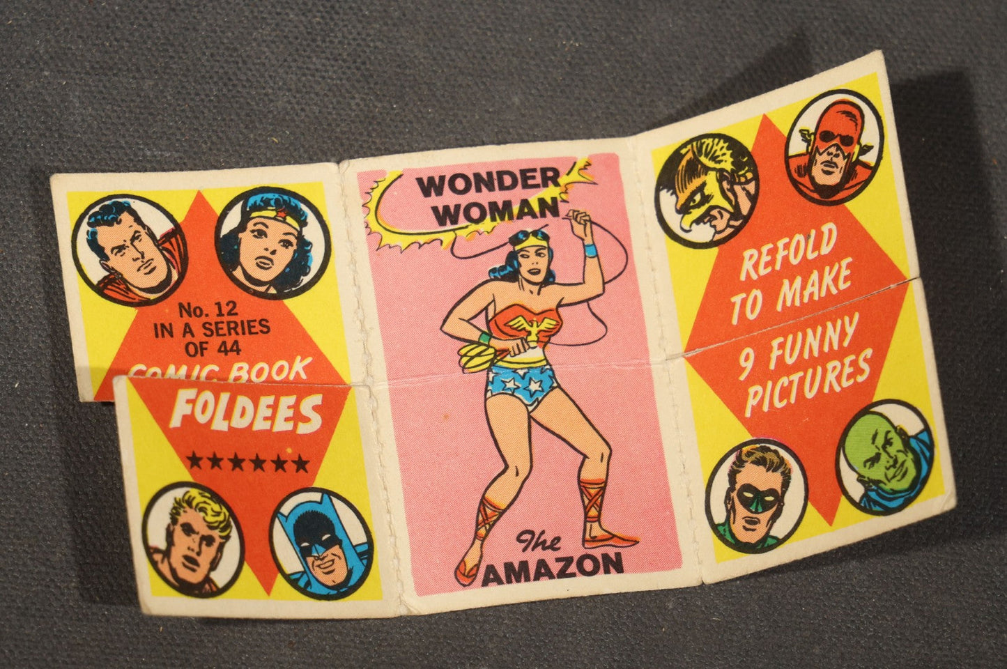 Vintage 1966 Topps Comic Book Foldees Card No. 12, Wonder Woman "The Amazon," Wanda "The Witch," and Babe Ruth "The Slugger," with D.C. Comics Character Portraits, National Periodical Publications Inc.
