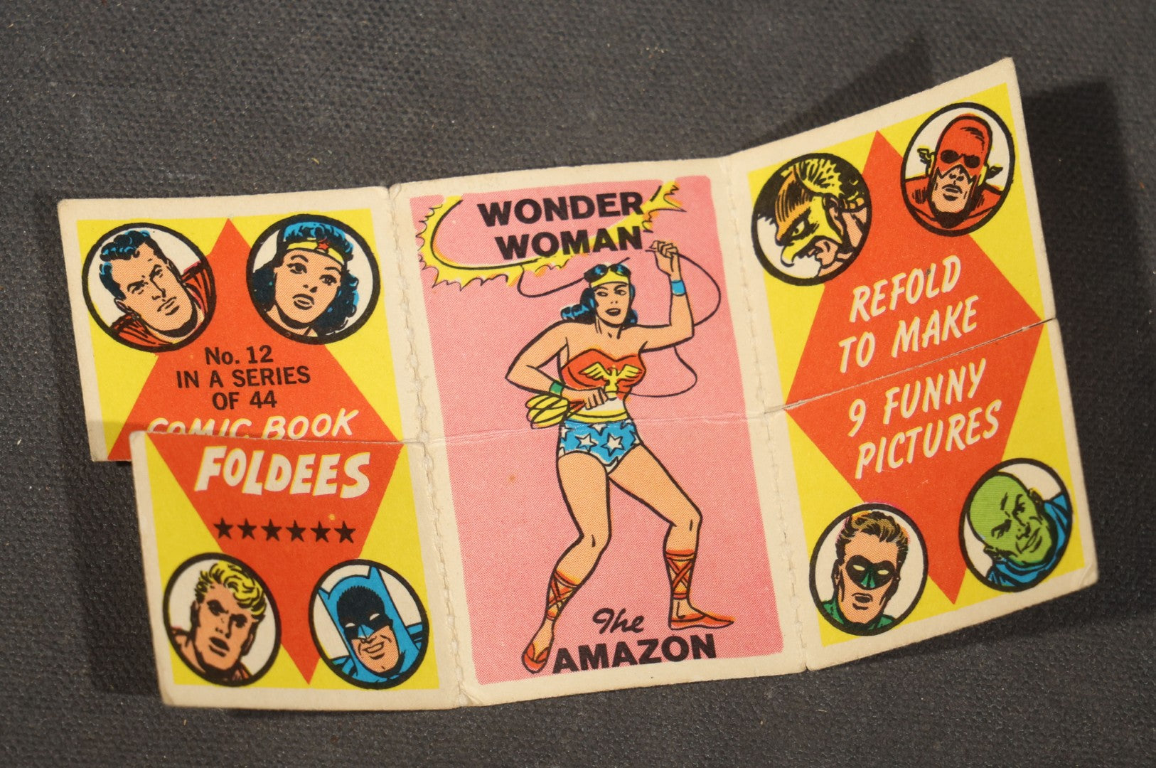Vintage 1966 Topps Comic Book Foldees Card No. 12, Wonder Woman "The Amazon," Wanda "The Witch," and Babe Ruth "The Slugger," with D.C. Comics Character Portraits, National Periodical Publications Inc.