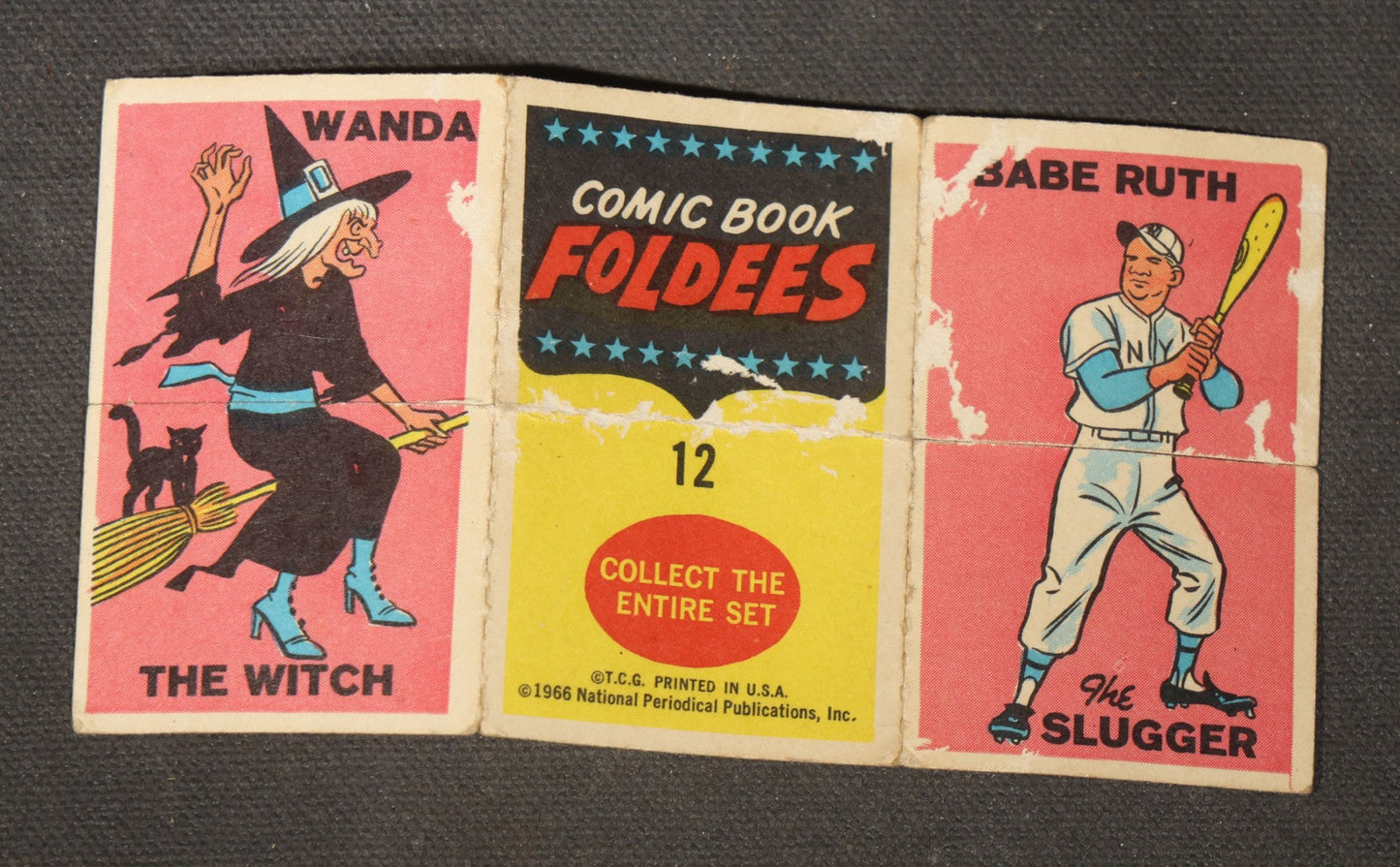 Vintage 1966 Topps Comic Book Foldees Card No. 12, Wonder Woman "The Amazon," Wanda "The Witch," and Babe Ruth "The Slugger," with D.C. Comics Character Portraits, National Periodical Publications Inc.