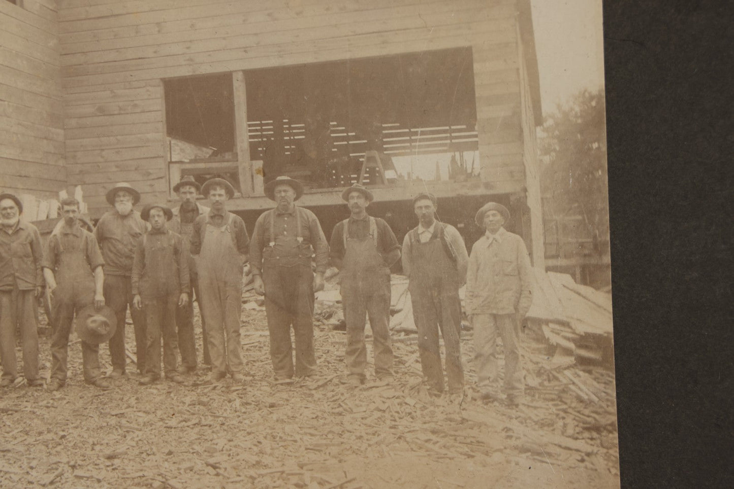 Antique Board-Mounted Occupational Photograph of 11 Mill Workers and Two Horses, Pencil-Inscribed "George Burnham - Mill"