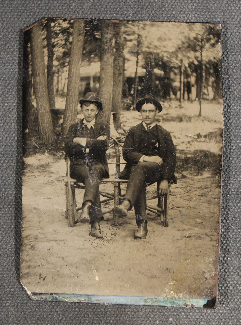 Grouping of Seven Antique Tintype Photographs with Rustic Adirondack-Style Branch Furniture including Outdoor Portraits and Couples Posed with Twig Chairs and Benches
