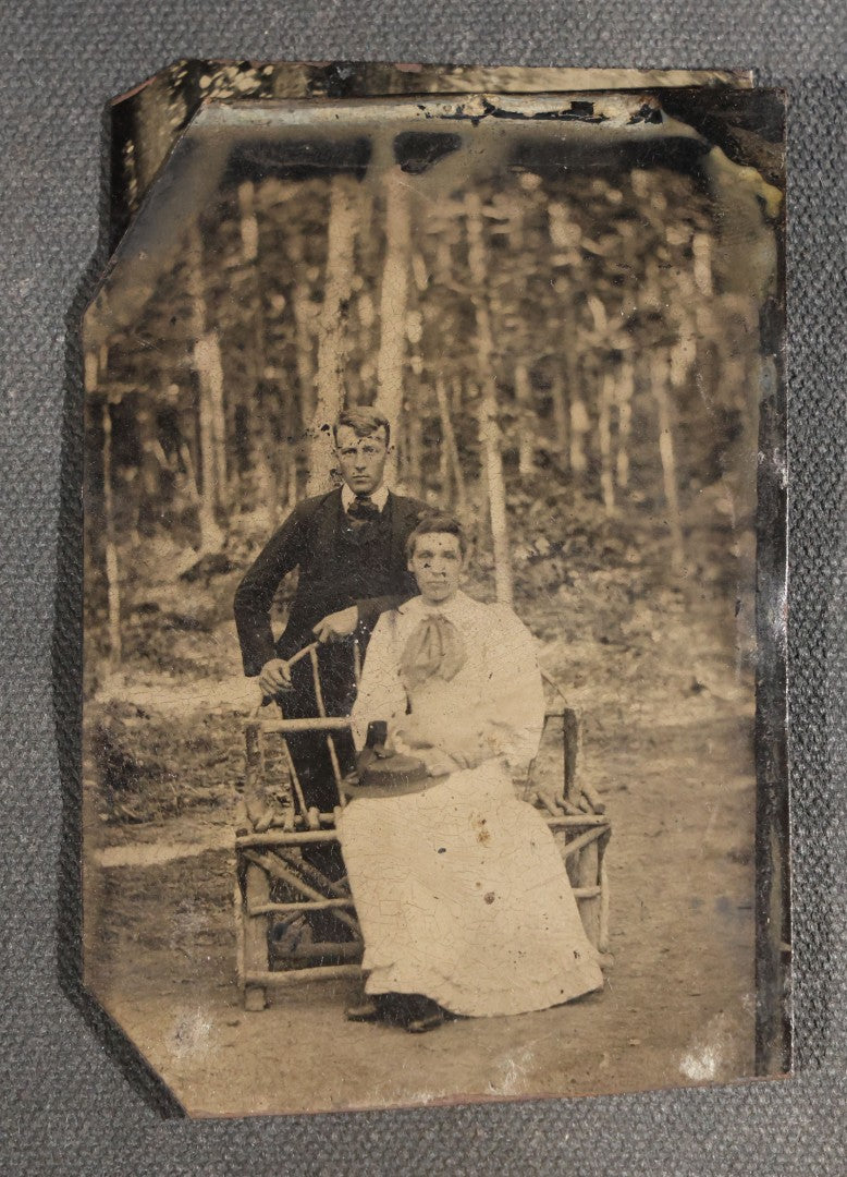 Grouping of Seven Antique Tintype Photographs with Rustic Adirondack-Style Branch Furniture including Outdoor Portraits and Couples Posed with Twig Chairs and Benches