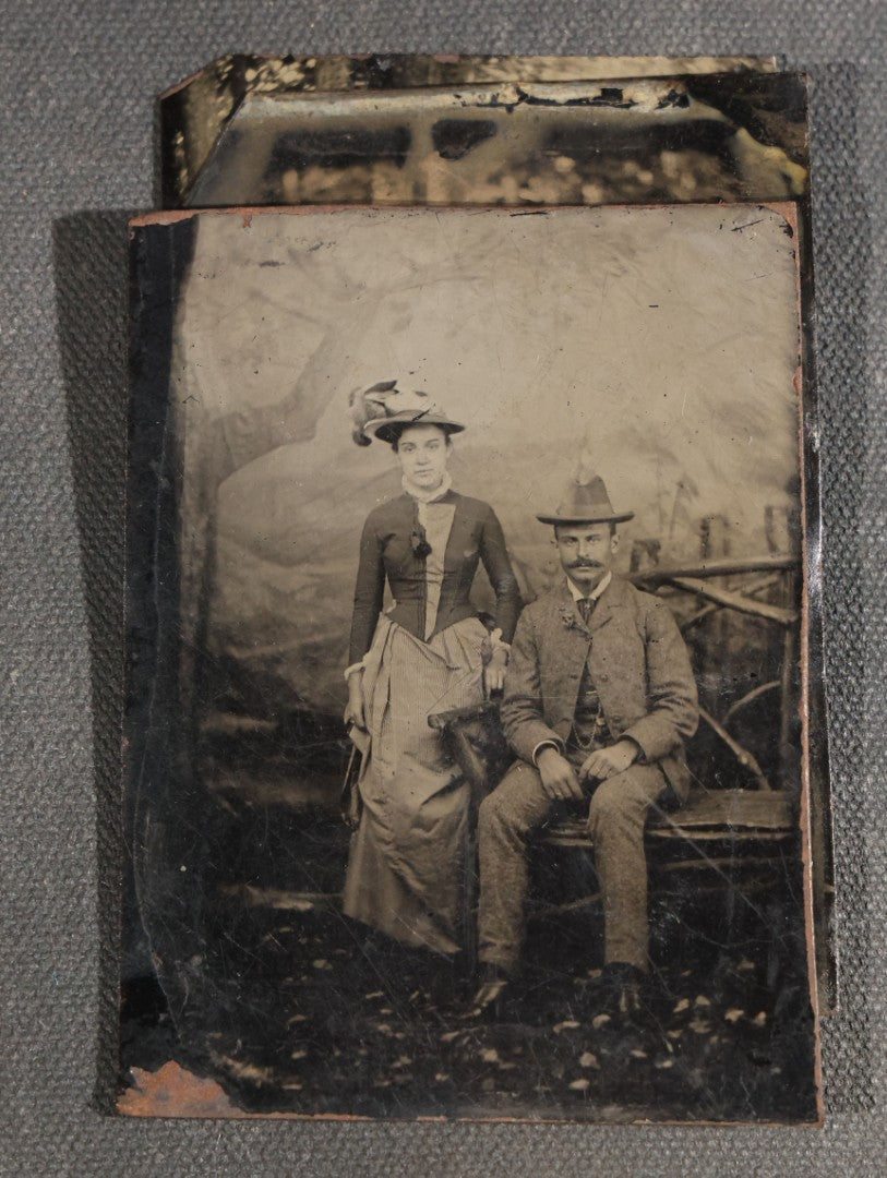 Grouping of Seven Antique Tintype Photographs with Rustic Adirondack-Style Branch Furniture including Outdoor Portraits and Couples Posed with Twig Chairs and Benches
