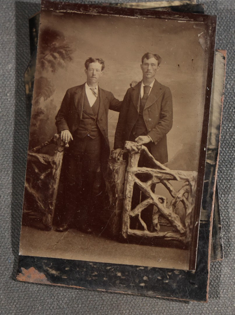 Grouping of Seven Antique Tintype Photographs with Rustic Adirondack-Style Branch Furniture including Outdoor Portraits and Couples Posed with Twig Chairs and Benches