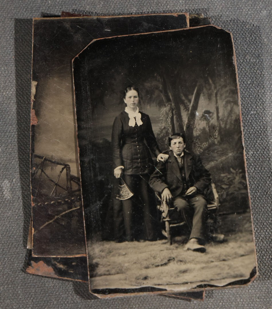 Grouping of Seven Antique Tintype Photographs with Rustic Adirondack-Style Branch Furniture including Outdoor Portraits and Couples Posed with Twig Chairs and Benches