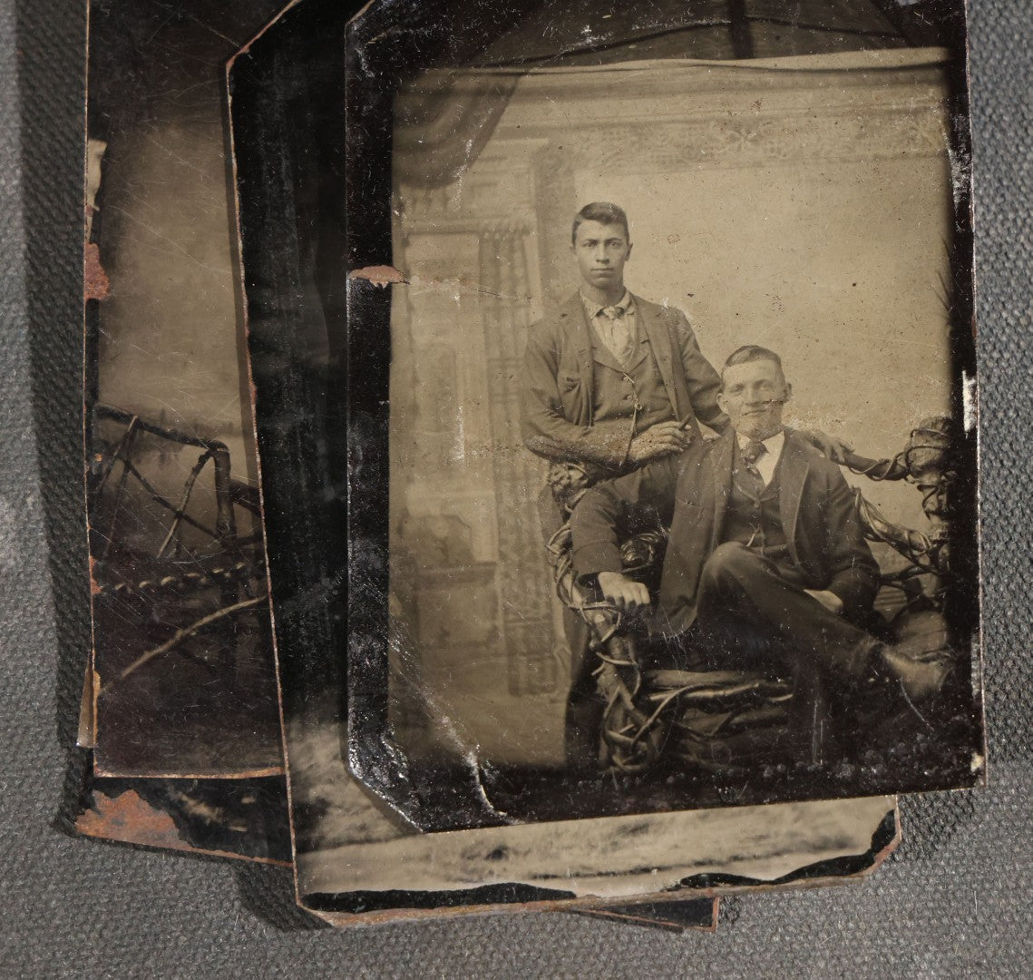 Grouping of Seven Antique Tintype Photographs with Rustic Adirondack-Style Branch Furniture including Outdoor Portraits and Couples Posed with Twig Chairs and Benches