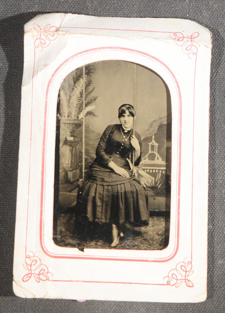 Grouping of 15 Antique Tintype Photographs including Man in Top Hat with Cane, Group of Women in White Dresses and Hats, Seated Couples, and Paper-Matted Portrait of a Seated Woman