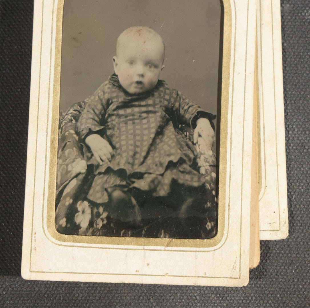 Grouping of Nine Antique Photographs including Two Tintype Photographs and Seven Carte de Visite C.D.V. Portraits, Babies, Children, Young Men, and Young Woman, One by Dunlap, Chillicothe, Missouri