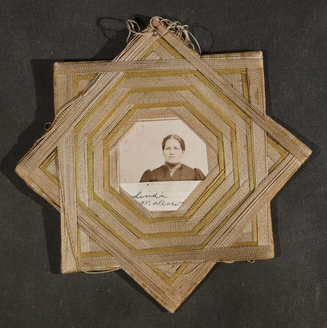 Antique Handmade Thread-Wrapped Star Frame with Portrait Photograph of a Woman, Inscribed "Lindie Mallow"