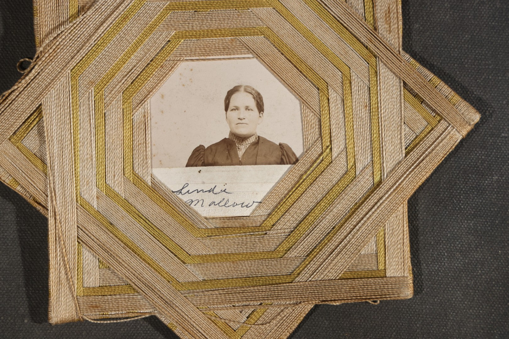 Antique Handmade Thread-Wrapped Star Frame with Portrait Photograph of a Woman, Inscribed "Lindie Mallow"