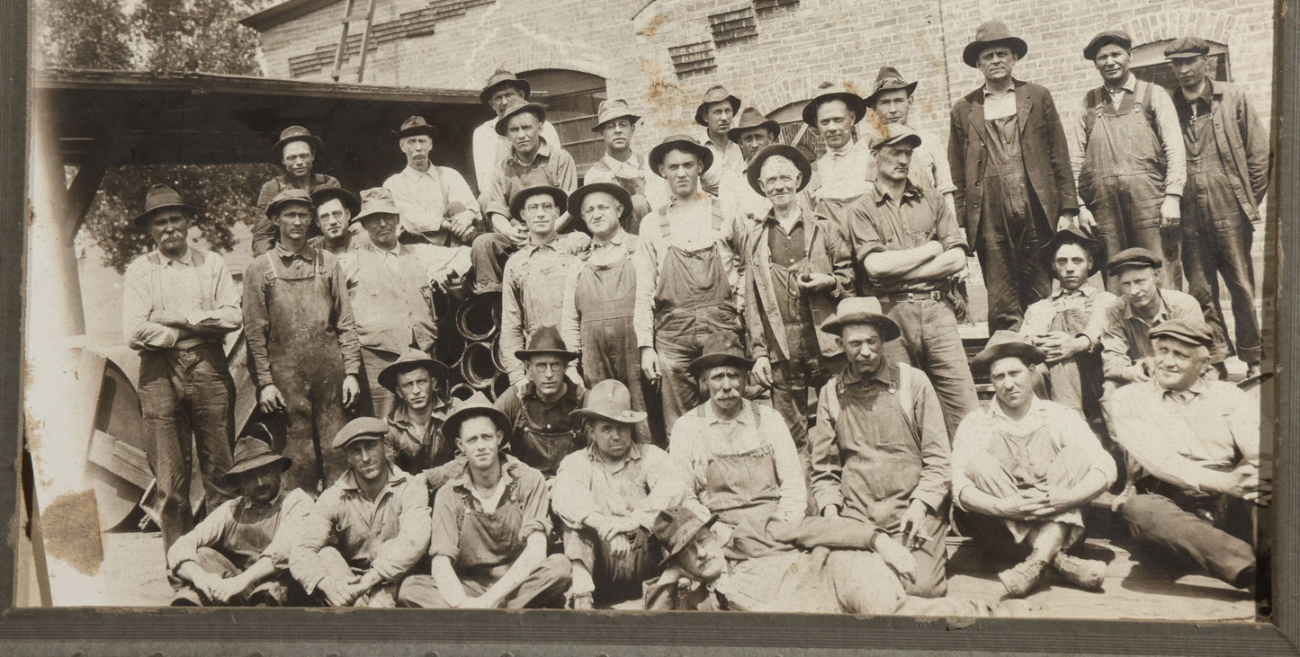 Antique Occupational Photograph of a Large Crew of Workers Posed in Front of a Brick Industrial Building, in Paper Frame