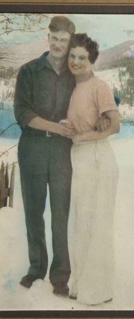Vintage Tinted Photograph of a Couple Posed Before a Winter Landscape, in paper frame