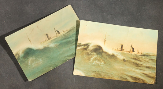 Pair of Antique Tinted Photographs of S.S. Starr in Gale off Seward, Alaska, Steamship in Heavy Seas, Photographed by Otto C. Schallerer