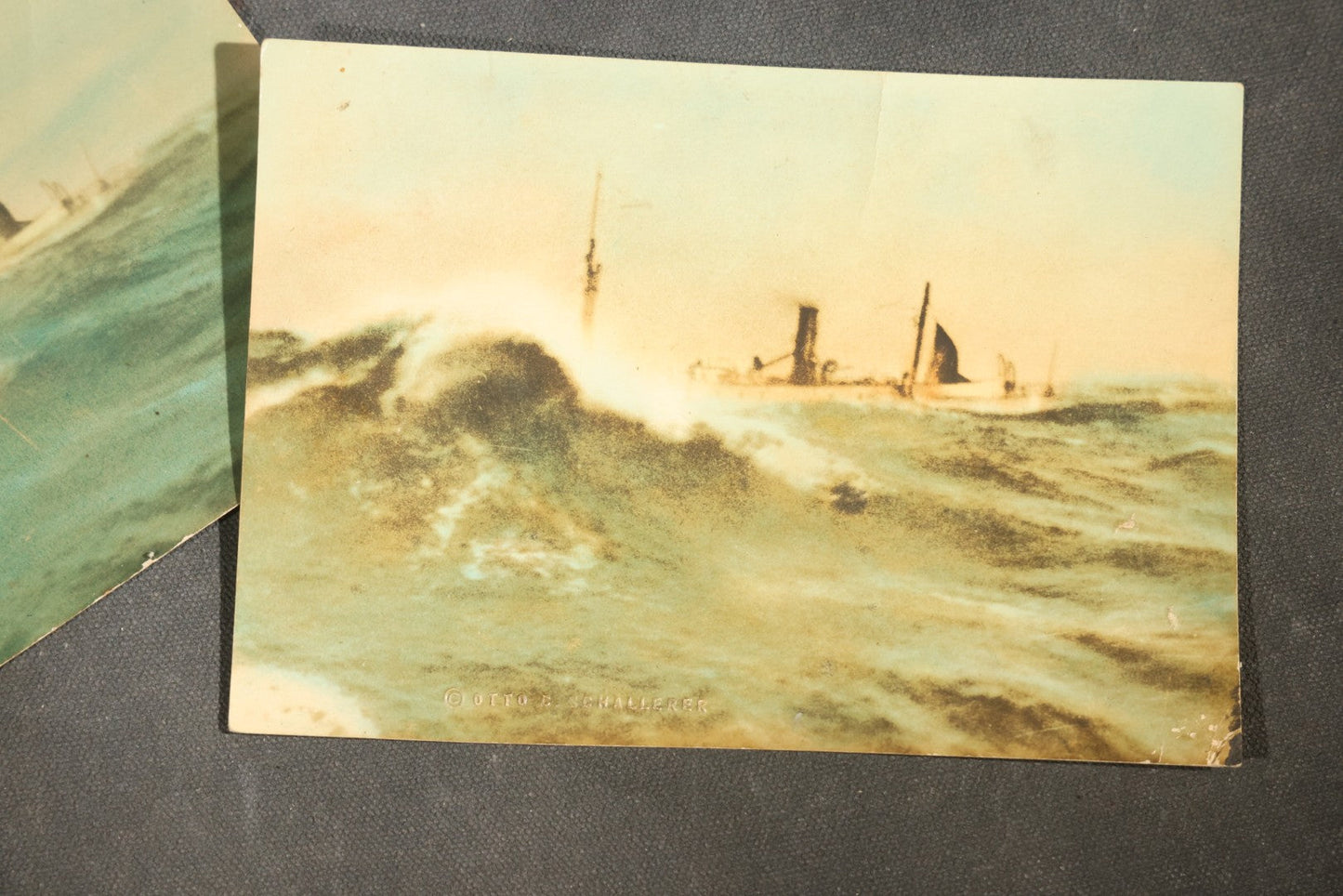 Pair of Antique Tinted Photographs of S.S. Starr in Gale off Seward, Alaska, Steamship in Heavy Seas, Photographed by Otto C. Schallerer