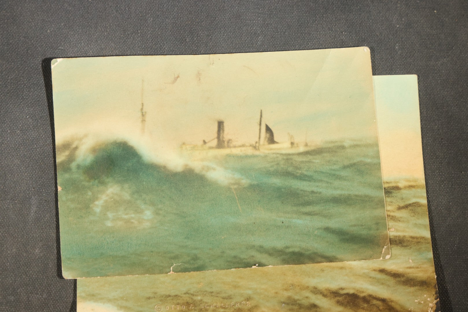 Pair of Antique Tinted Photographs of S.S. Starr in Gale off Seward, Alaska, Steamship in Heavy Seas, Photographed by Otto C. Schallerer