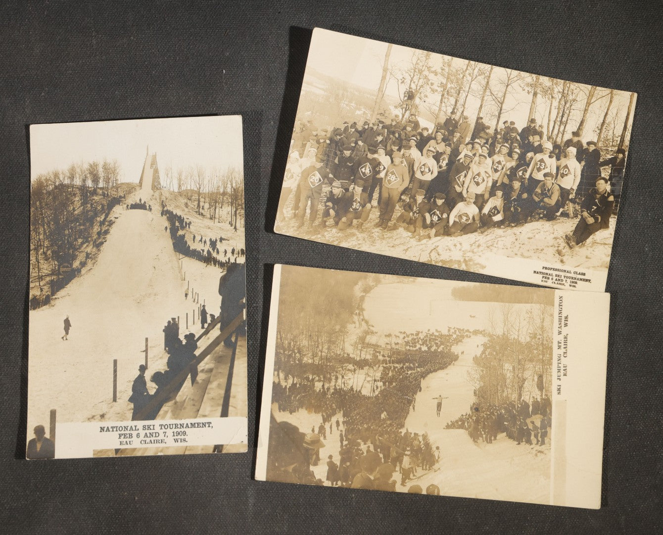 Trio of Antique Real Photo Postcards R.P.P.C., National Ski Tournament, February 6 and 7, 1909, Eau Claire, Wisconsin, including Ski Jump Hill, Professional Class Competitors, and Ski Jumping Mt. Washington