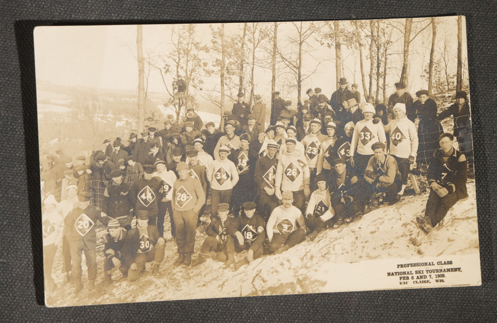 Trio of Antique Real Photo Postcards R.P.P.C., National Ski Tournament, February 6 and 7, 1909, Eau Claire, Wisconsin, including Ski Jump Hill, Professional Class Competitors, and Ski Jumping Mt. Washington
