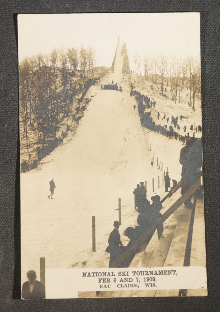 Trio of Antique Real Photo Postcards R.P.P.C., National Ski Tournament, February 6 and 7, 1909, Eau Claire, Wisconsin, including Ski Jump Hill, Professional Class Competitors, and Ski Jumping Mt. Washington