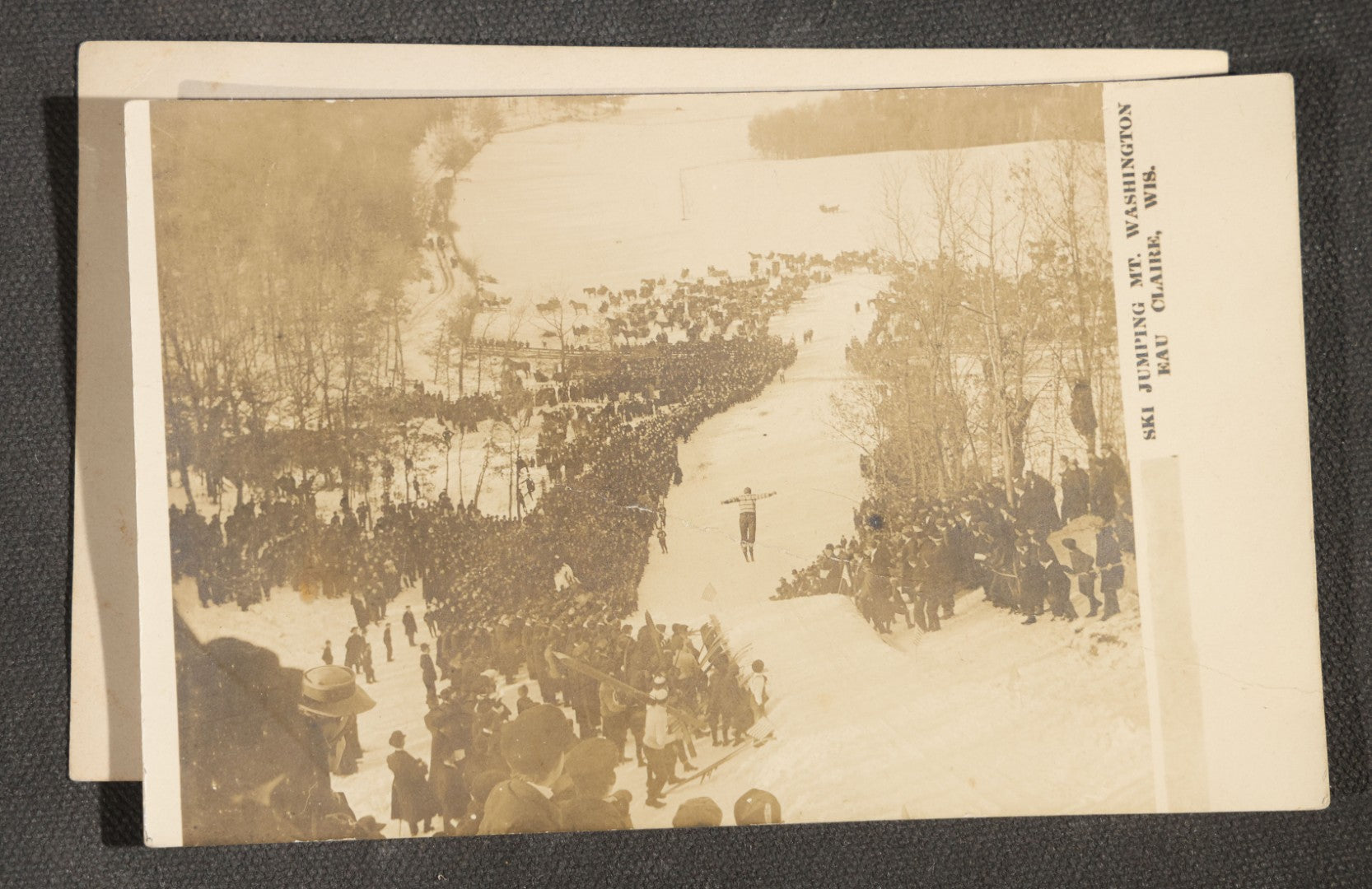 Trio of Antique Real Photo Postcards R.P.P.C., National Ski Tournament, February 6 and 7, 1909, Eau Claire, Wisconsin, including Ski Jump Hill, Professional Class Competitors, and Ski Jumping Mt. Washington