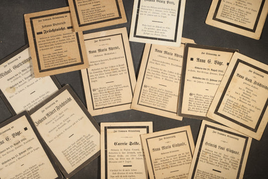 Grouping of 16 Antique German-Language Mourning Memorial Cards, German Immigrant Families, Ripley County, Indiana Area, Circa 1899-1906