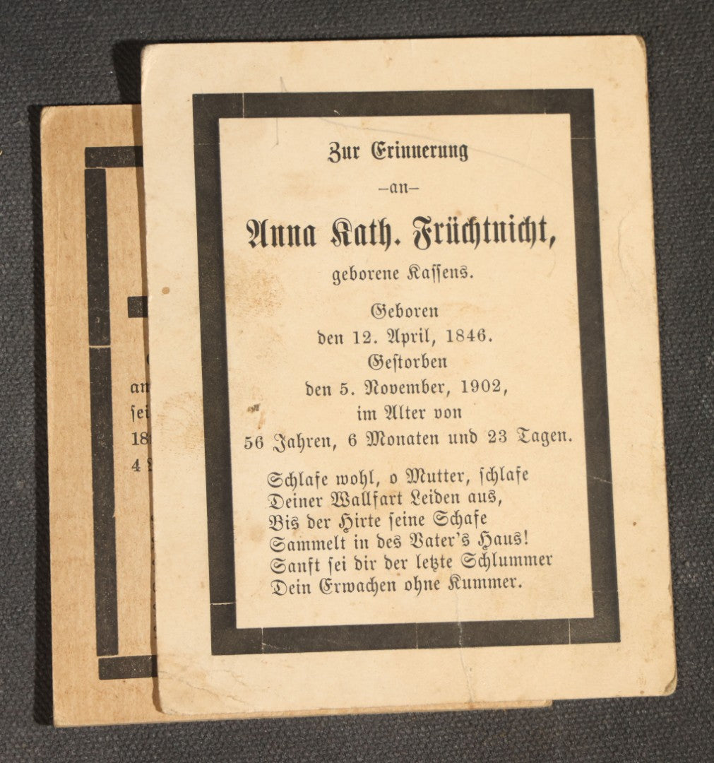 Grouping of 16 Antique German-Language Mourning Memorial Cards, German Immigrant Families, Ripley County, Indiana Area, Circa 1899-1906