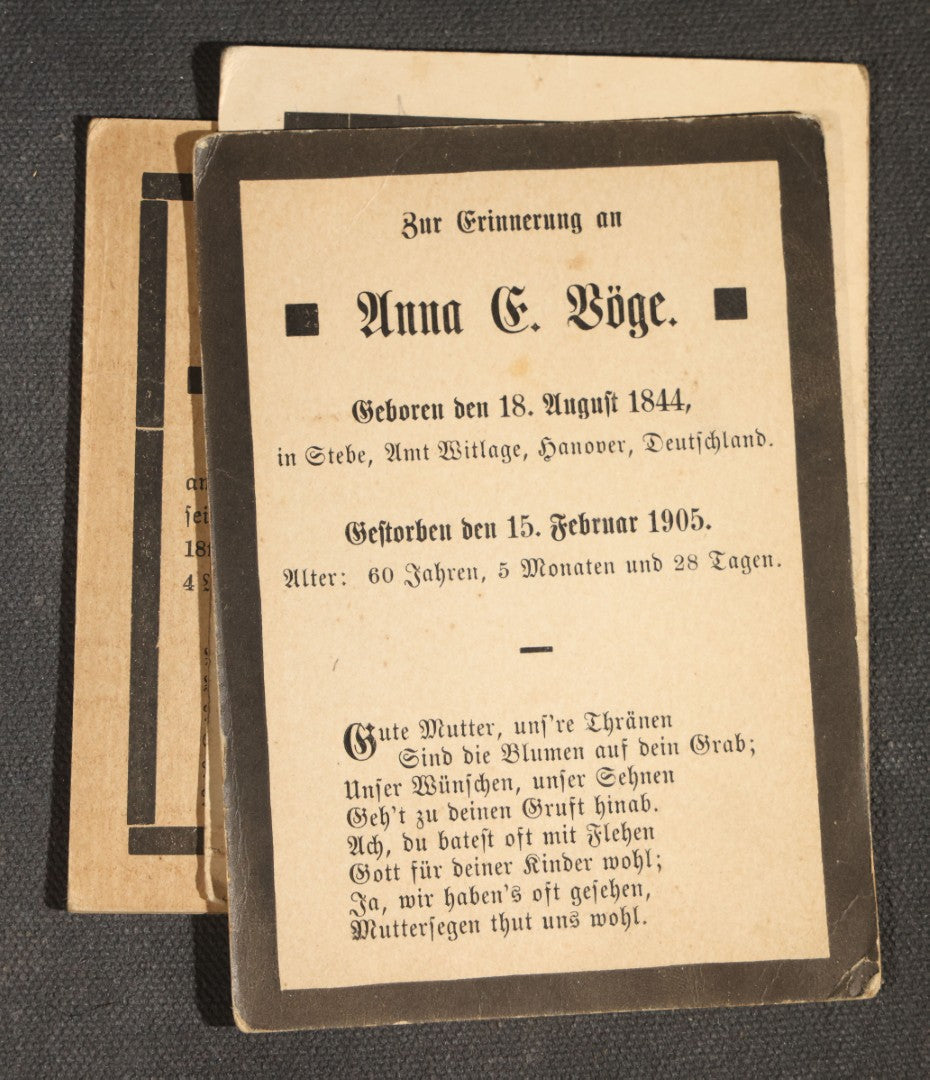 Grouping of 16 Antique German-Language Mourning Memorial Cards, German Immigrant Families, Ripley County, Indiana Area, Circa 1899-1906