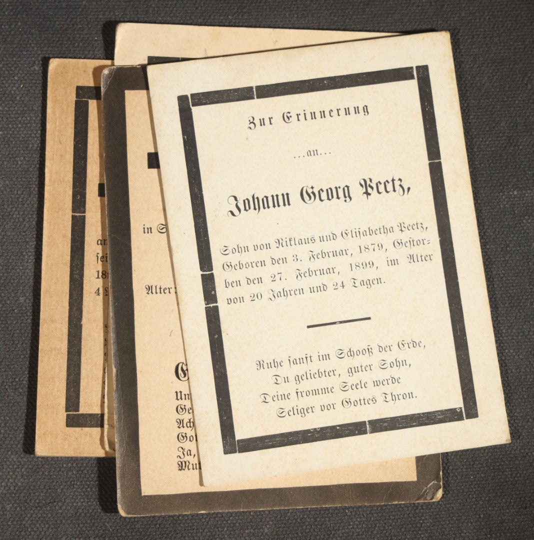 Grouping of 16 Antique German-Language Mourning Memorial Cards, German Immigrant Families, Ripley County, Indiana Area, Circa 1899-1906